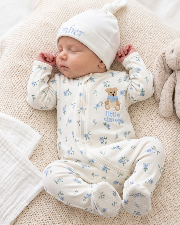 Little Sister Teddy Bear Embroidered Bamboo Zipper Footie