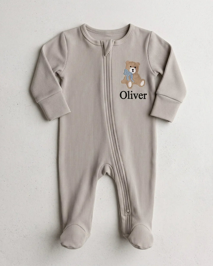 Personalized Teddy Bear Embroidered Ribbed Bamboo Zipper Footie