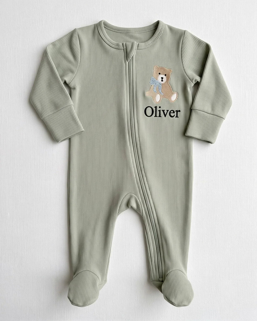 Personalized Teddy Bear Embroidered Ribbed Bamboo Zipper Footie