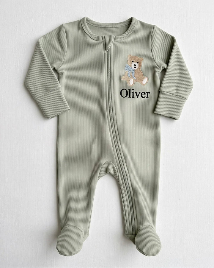 Personalized Teddy Bear Embroidered Ribbed Bamboo Zipper Footie