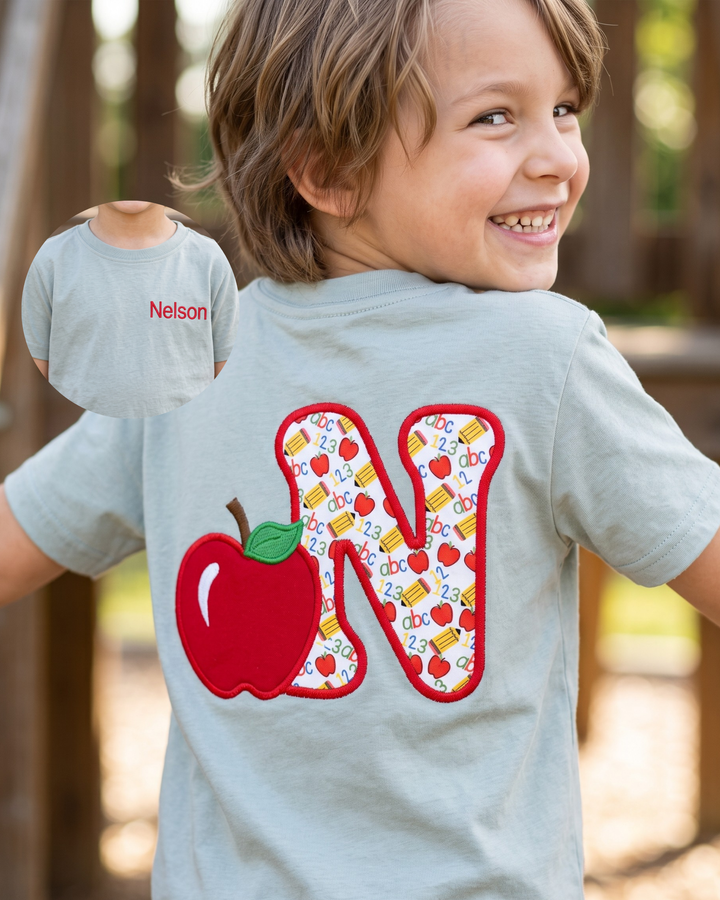 Custom Name Apple ABC Applique Embroidered Bamboo Crewneck T-Shirt