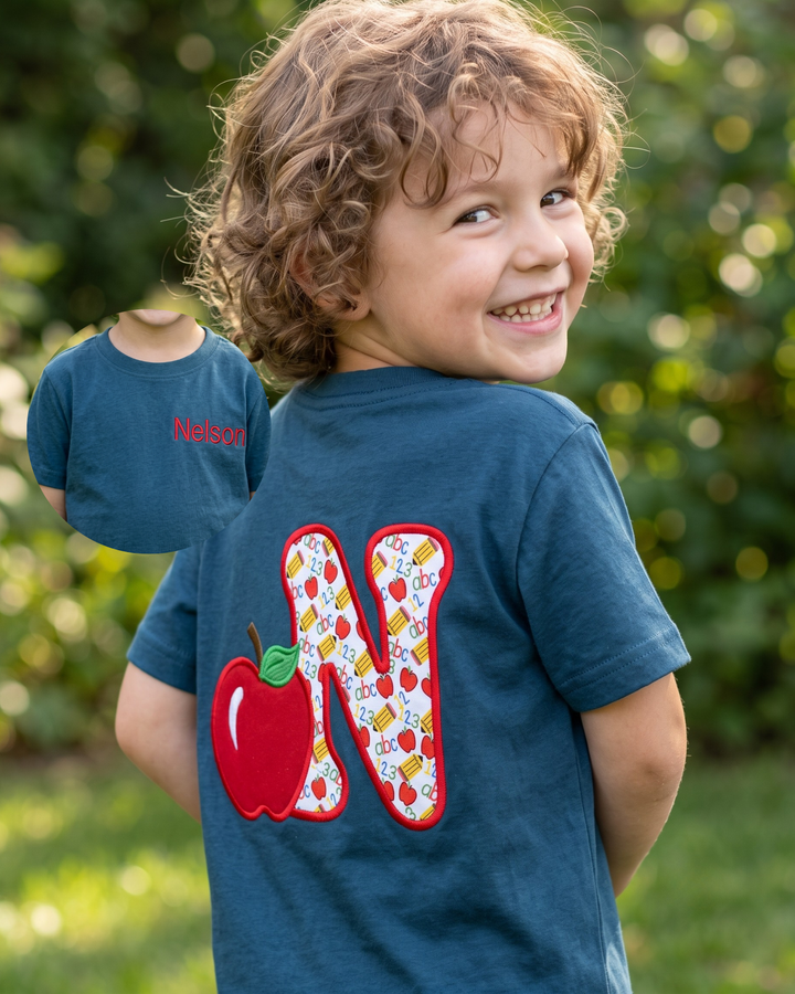 Custom Name Apple ABC Applique Embroidered Bamboo Crewneck T-Shirt