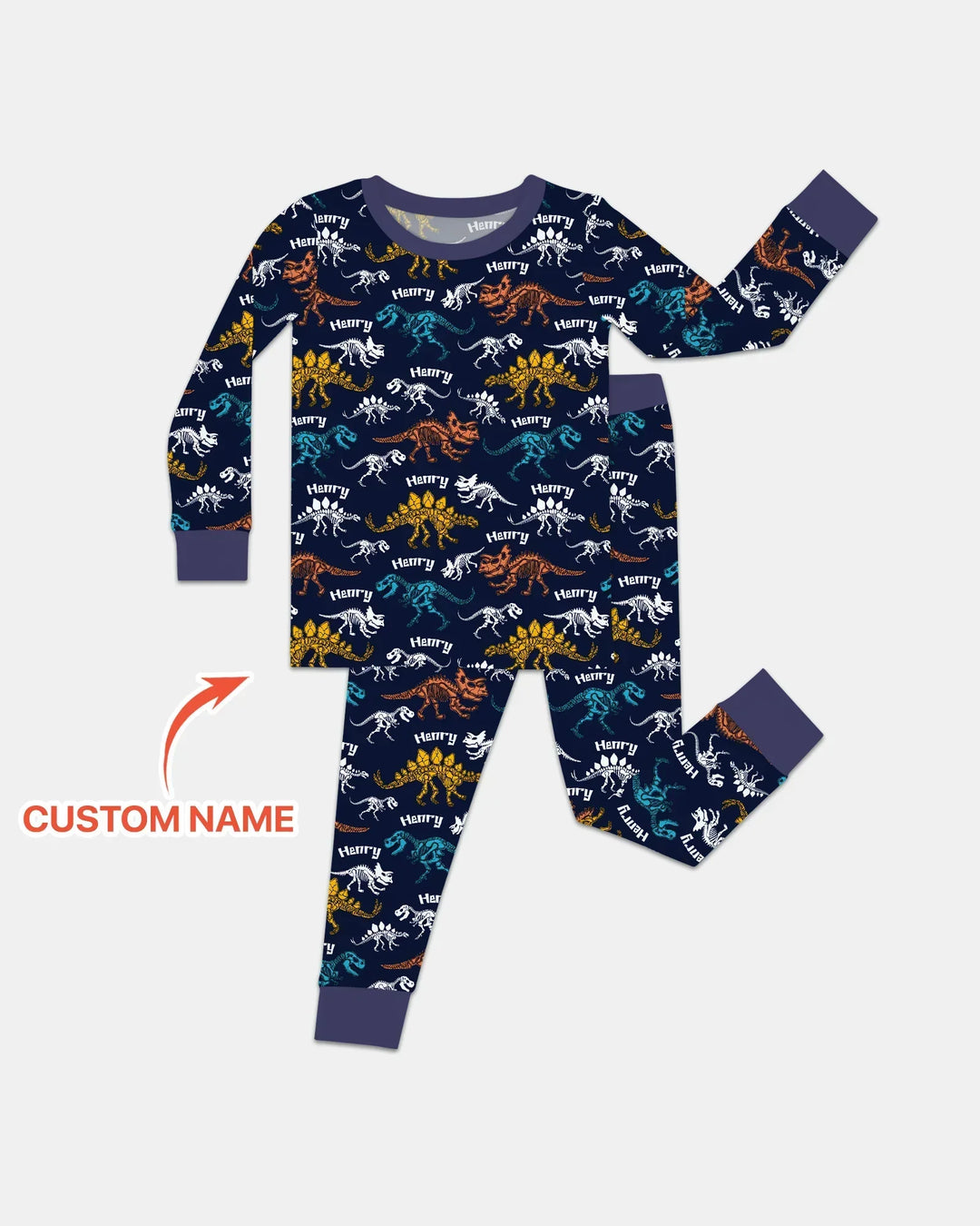 Dino Bones Parade Custom Name Two Piece Long Sleeve Pajama Set