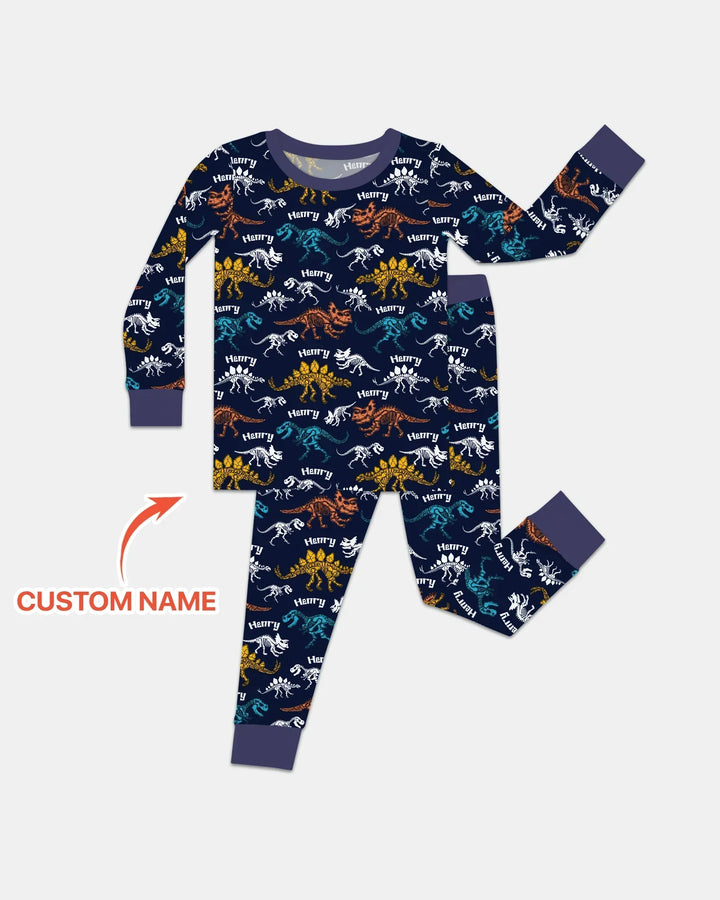 Dino Bones Parade Custom Name Two Piece Long Sleeve Pajama Set