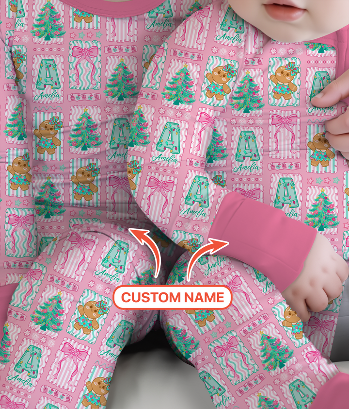 Custom Name "Merry Pink Christmas" Two Piece Long Sleeve Pajama Set