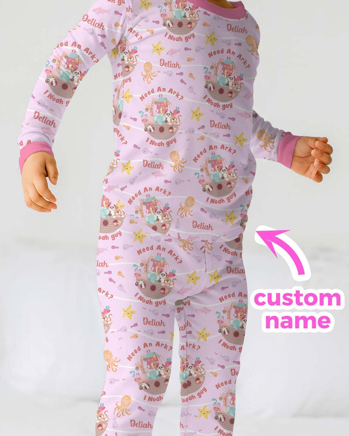 Noah’s Ark Custom Name Girl Two Piece Long Sleeve Pajama Set