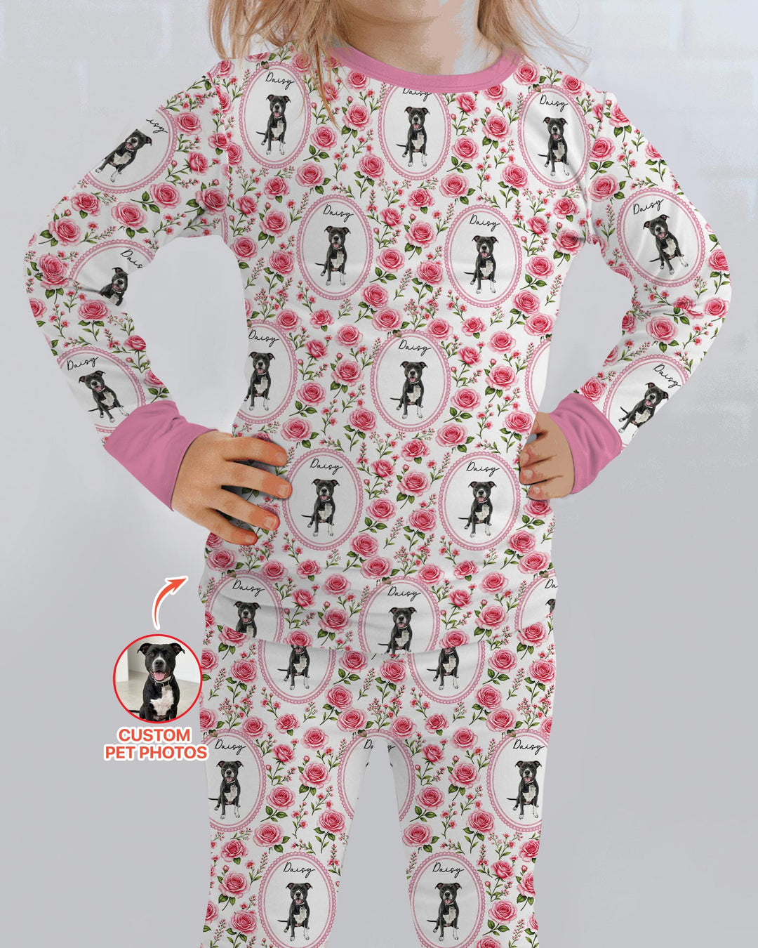 Custom Pet Photo Flower Garden Bamboo Two Piece Long Sleeve Pajama Set