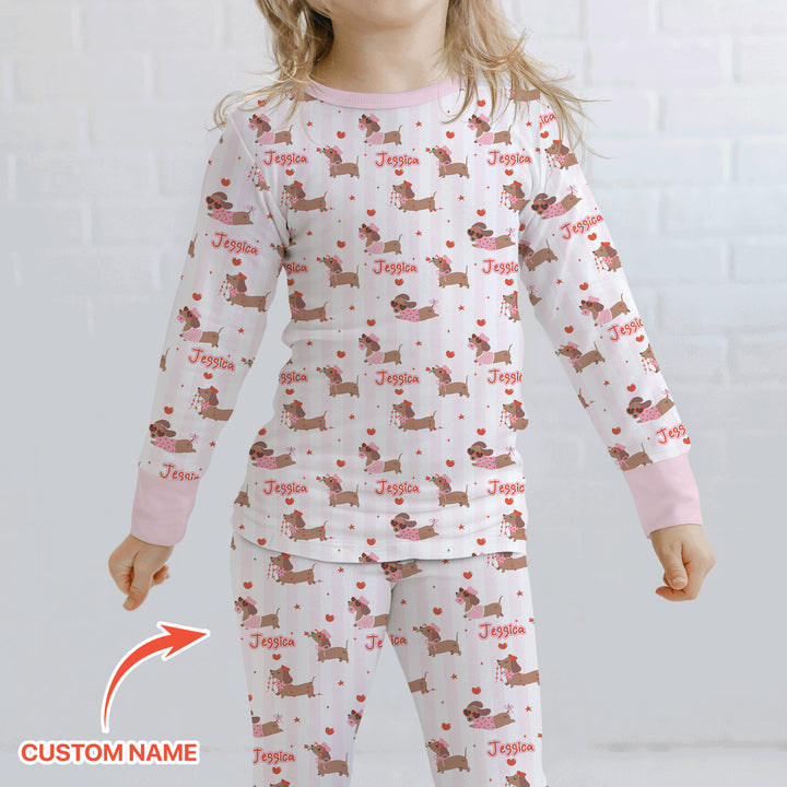 Custom Name Valentine Dachshund Family Matching Two Piece Long Sleeve Pajama Set
