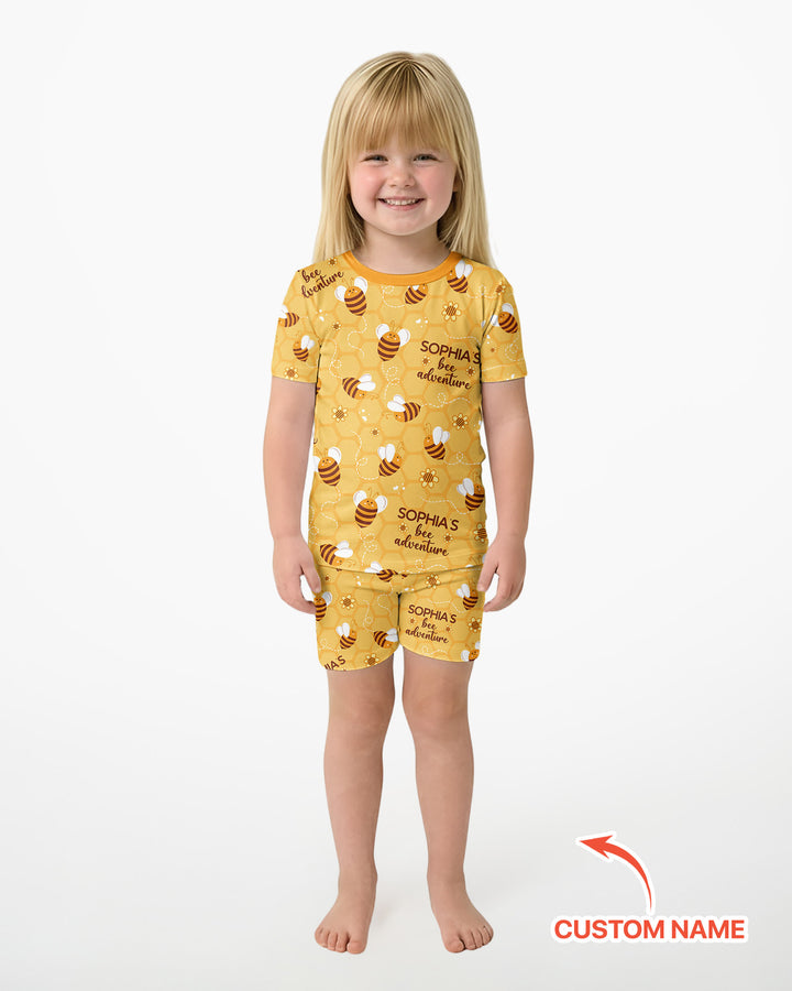 Custom Name Bee Back To School Bamboo Two Piece Short Sleeve Shorts Pajama Set