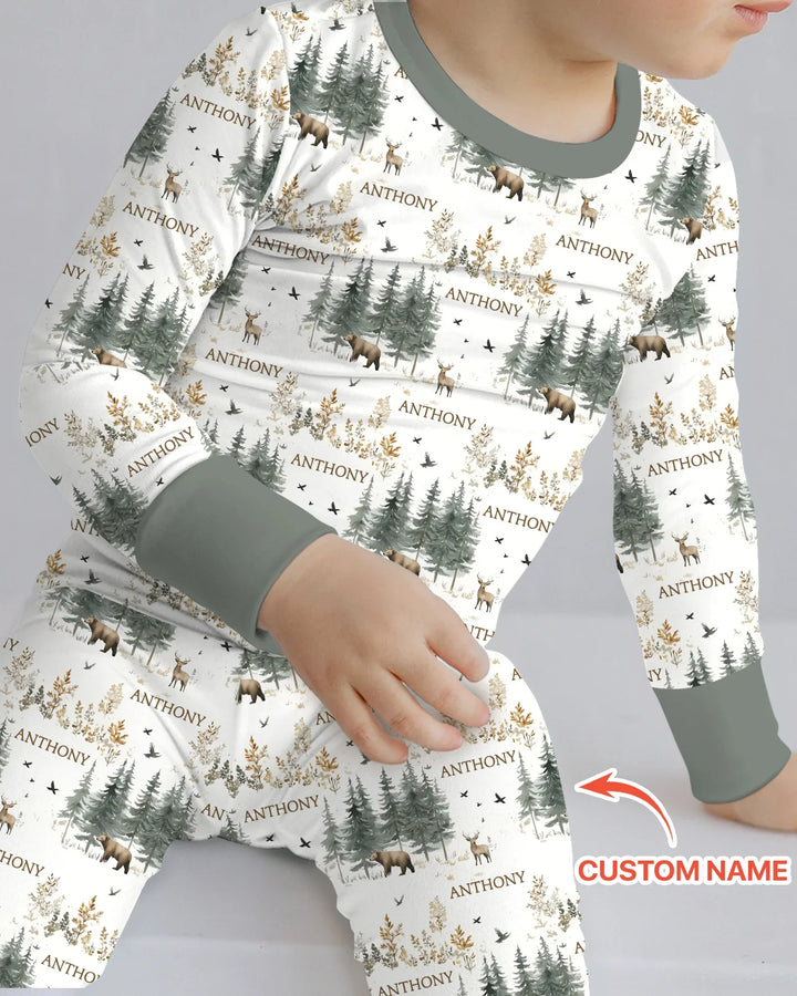 Custom Name Forest Bear Deer Bamboo Two Piece Long Sleeve Pajama Set