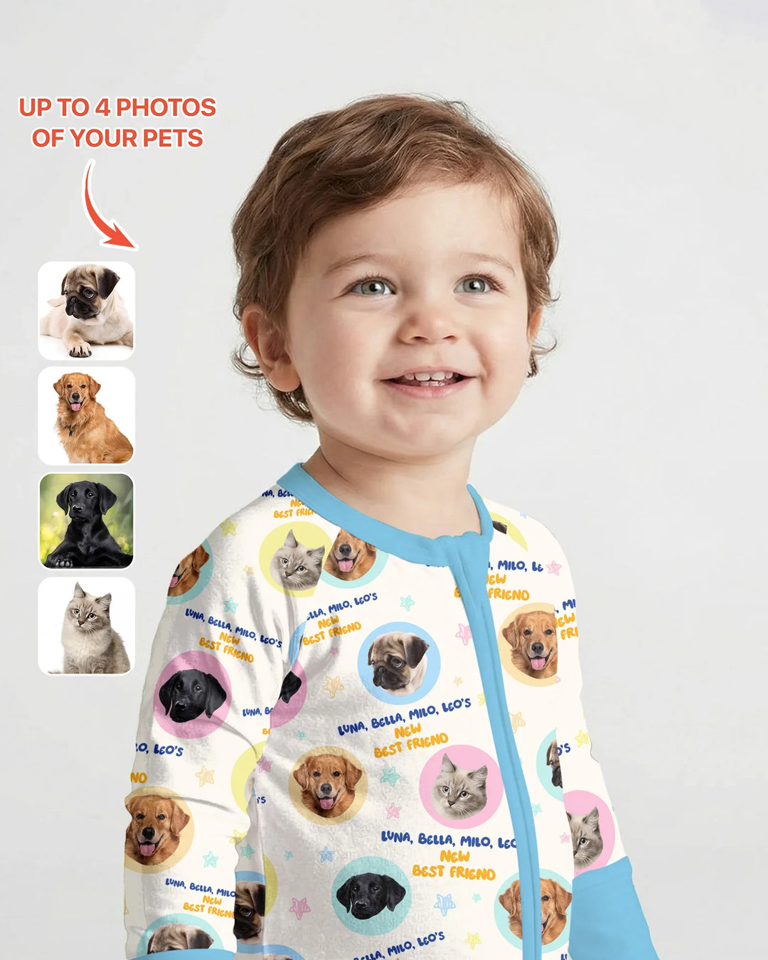Pijama convertible de bambú con cremallera y fotos personalizadas de tu mascota "Mi nuevo mejor amigo"