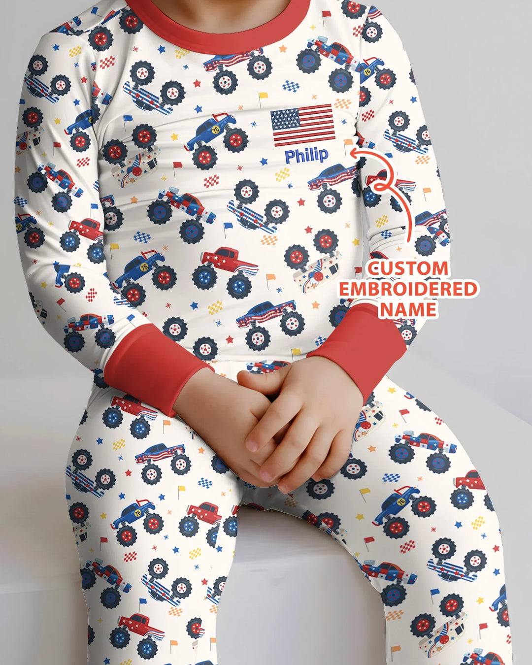 Custom Name Embroidered Red White & Truck Bamboo Two Piece Long Sleeve Pajama Set