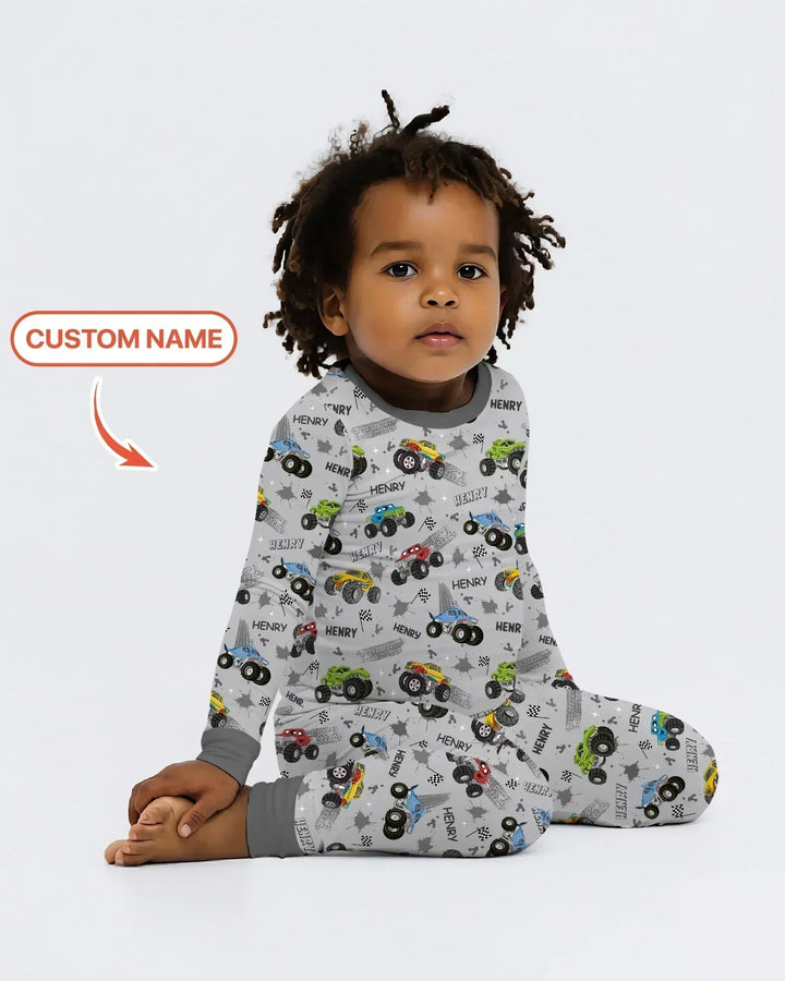 Monster Truck Dirt Jam Custom Name Daddy & Me Matching Two Piece Long Sleeve Pajama Set