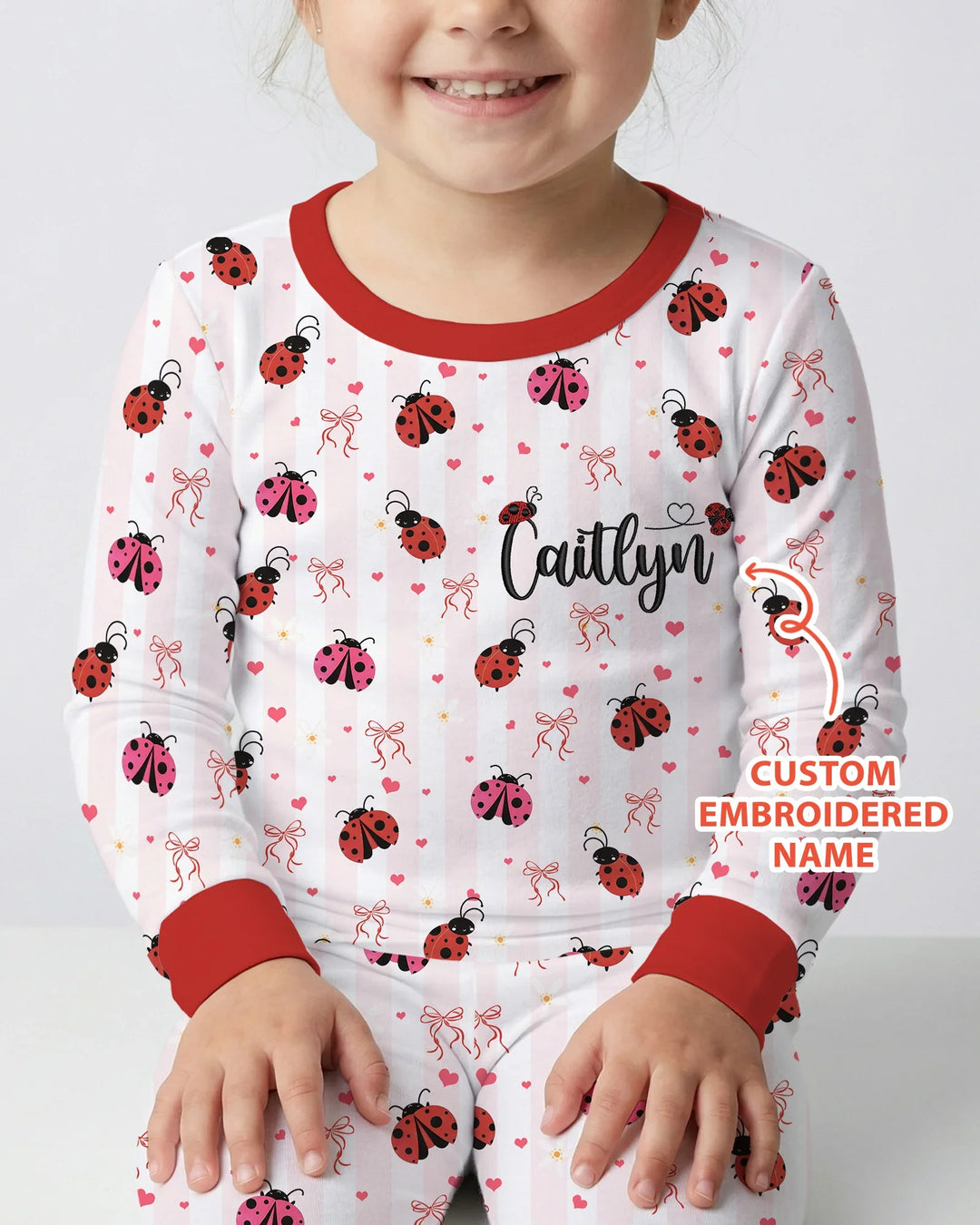 Custom Embroidered Name Ladybug Bamboo Two Piece Long Sleeve Pajama Set