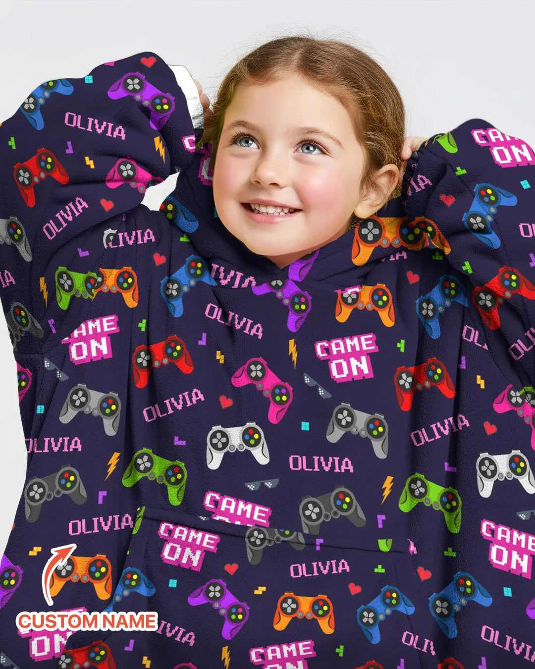 Sudadera con capucha y manta de bambú a juego para la familia con nombre personalizado "Game On"