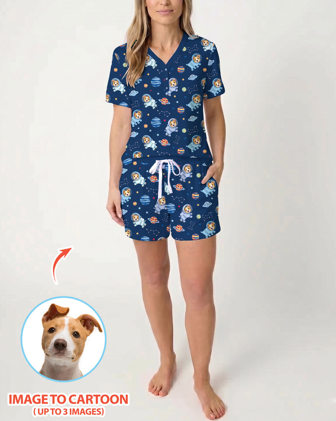 Astronaut Custom Pet Image Family Matching Bamboo Women Short Sleeve Short Pajama Set