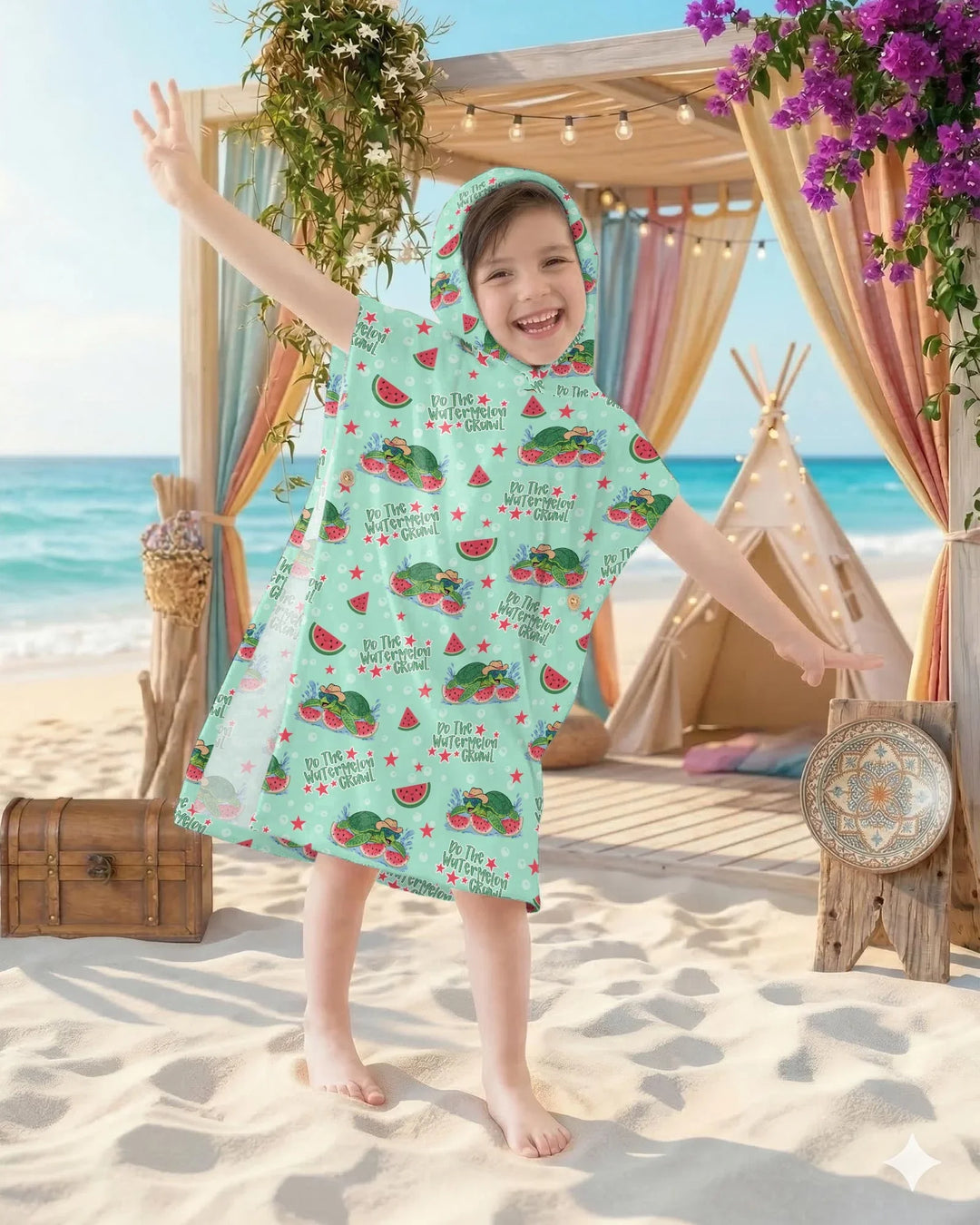 Wassermelonen-Schildkröten Familie passender Bambus-Bade-Poncho