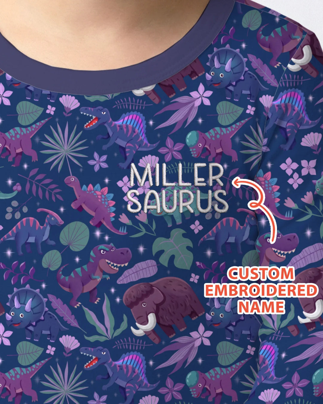 Conjunto de pijama de dos piezas de bambú de manga larga Dino Dream Night bordado con nombre personalizado