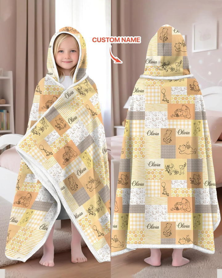 Personalized Classic Bear Patchwork  Bamboo Wearable Hooded Blanket