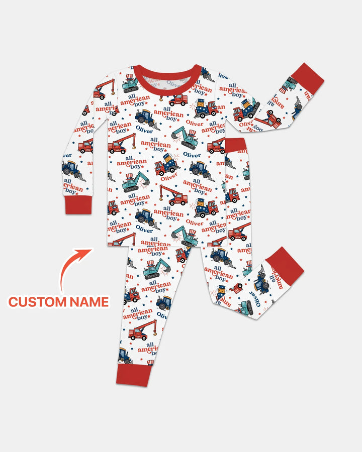 Custom Name All-American Boy Bamboo Two Piece Long Sleeve Pajama Set