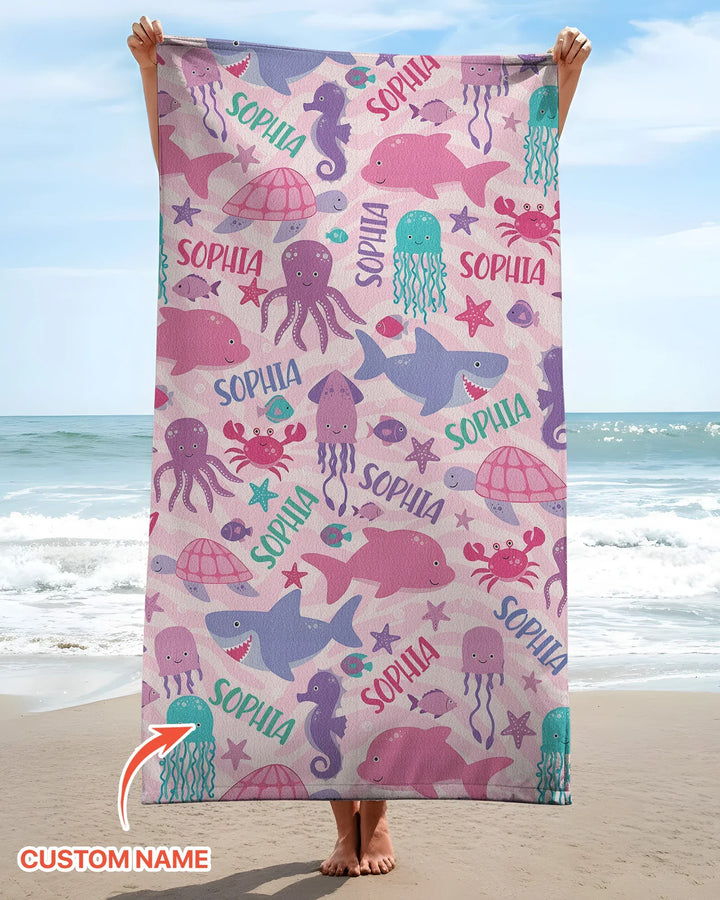 Custom Name Sea Life Kid Beach Towel