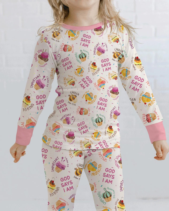 Cute Cupcake God Says I Am  Bamboo Two Piece Long Sleeve Pajama Set