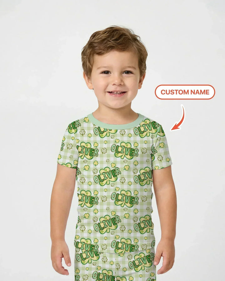 Lucky Shamrock Custom Name Two Piece Short Sleeve Pajama Set