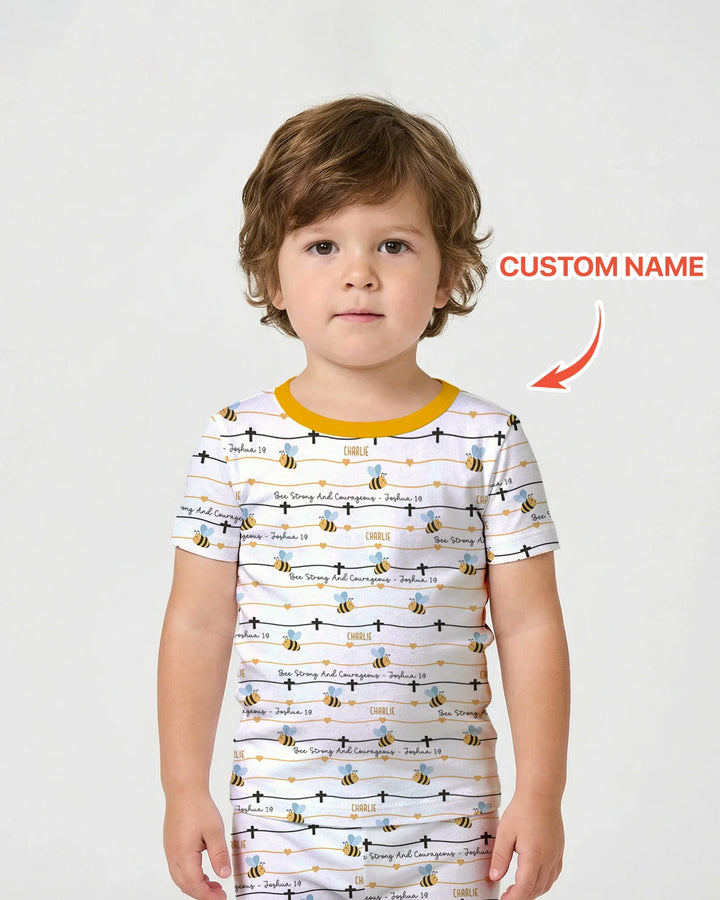 Bee Strong And Courageous Custom Name Bamboo Two Piece Short Sleeve Shorts Pajama Set