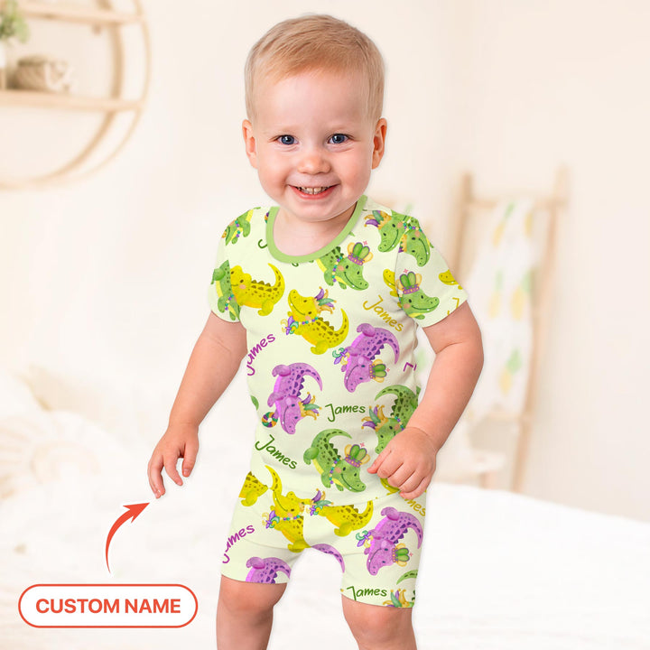 Custom Name Mardi Gras Alligator Two Piece Short Sleeve Shorts Pajama Set