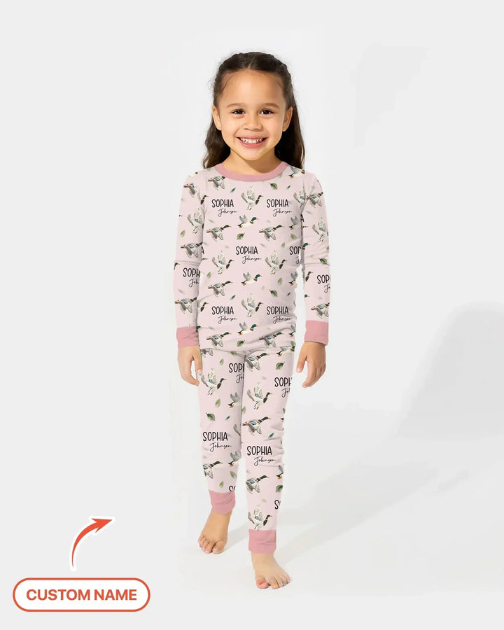 Pijama de dos piezas de bambú de manga larga para bebé con nombre personalizado, diseño de pato ánade real