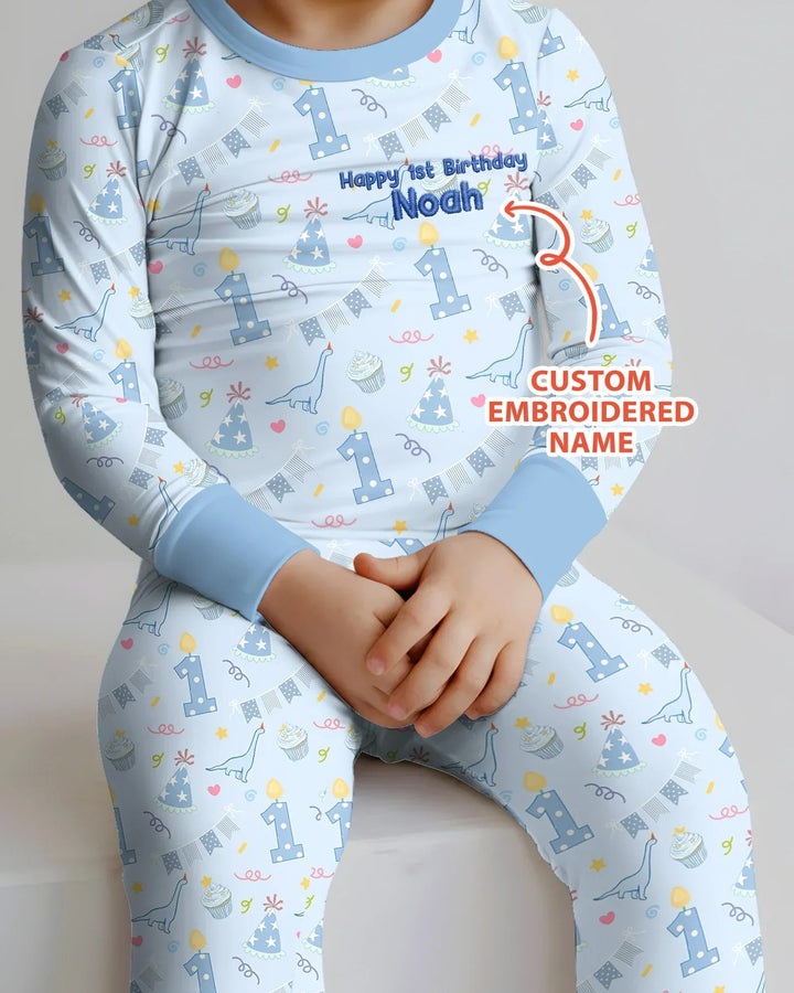 Conjunto de pijama de dos piezas de bambú bordado de manga larga para bebé con personalización de 1er cumpleaños para niño