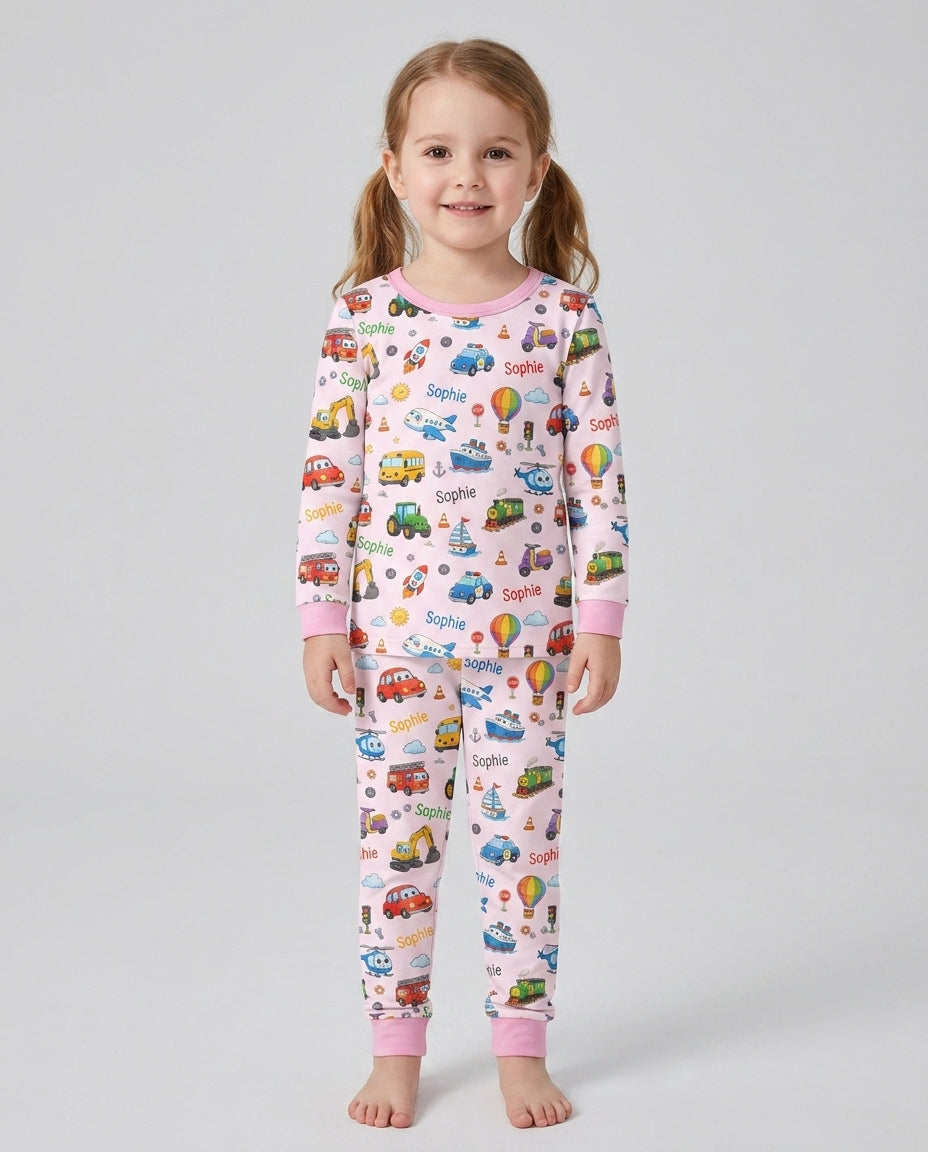 Custom Name Cute Transport Bamboo Two Piece Long Sleeve Pajama Set