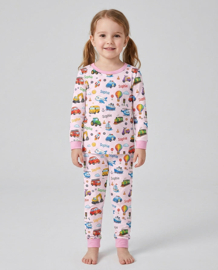 Custom Name Cute Transport Bamboo Two Piece Long Sleeve Pajama Set