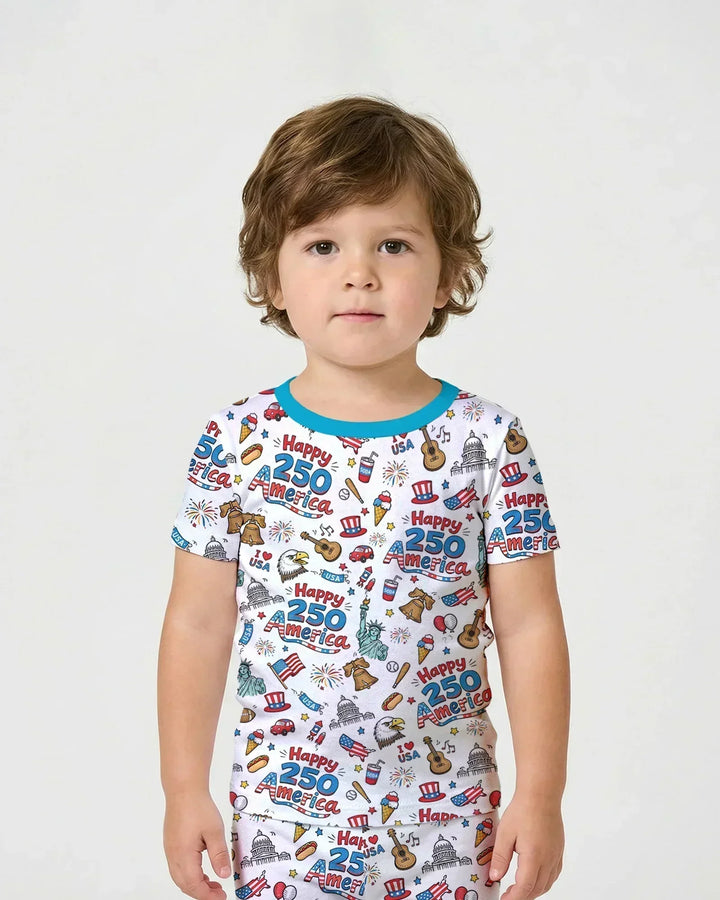 Happy 250 America I love USA Bamboo Two Piece Short Sleeve Shorts Pajama Set