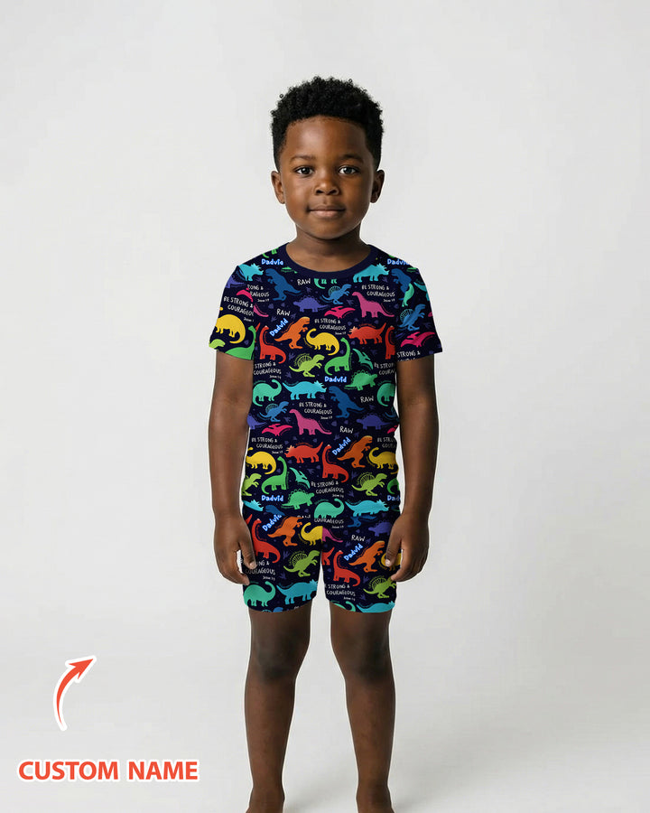 Be Strong and Courageous Dinosaur Christian Bamboo Two Piece Short Sleeve Shorts Pajama Set