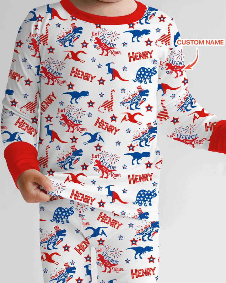 Custom Name Patriotic Dinosaur Bamboo Two Piece Long Sleeve Pajama Set