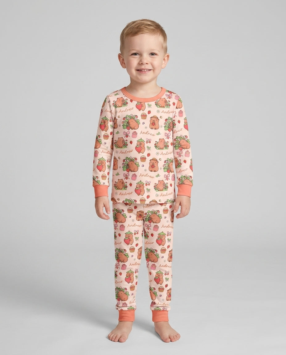 Custom Name Capybara Strawberry Bamboo Two Piece Long Sleeve Pajama Set