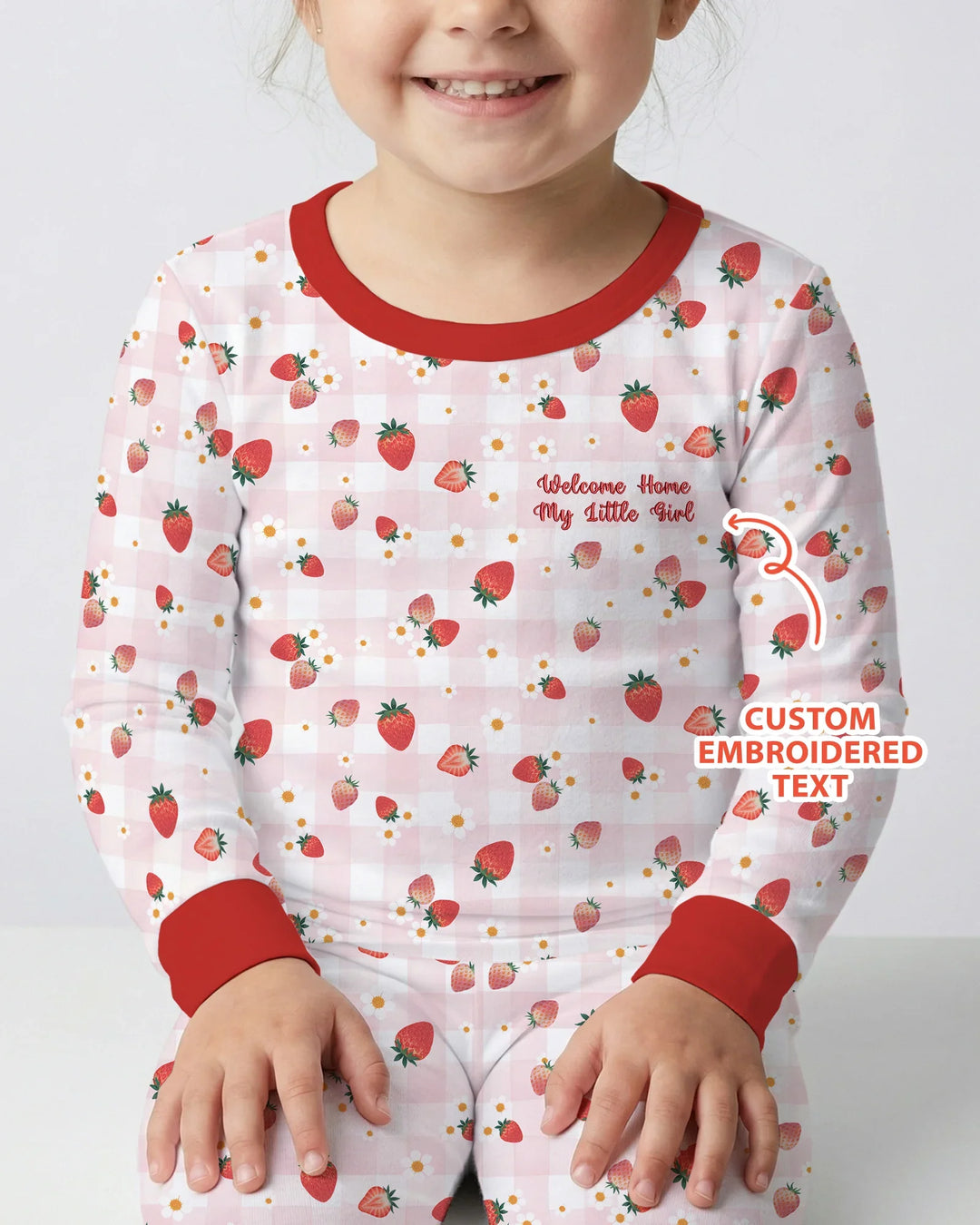 Conjunto de pijama de dos piezas de bambú con bordado de fresas y texto personalizado de manga larga