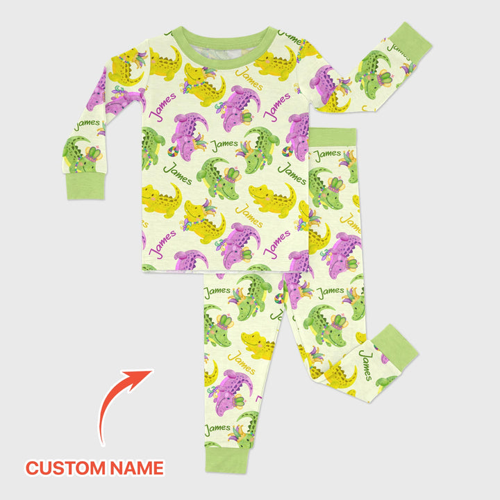 Custom Name Mardi Gras Alligator Two Piece Long Sleeve Pajama Set