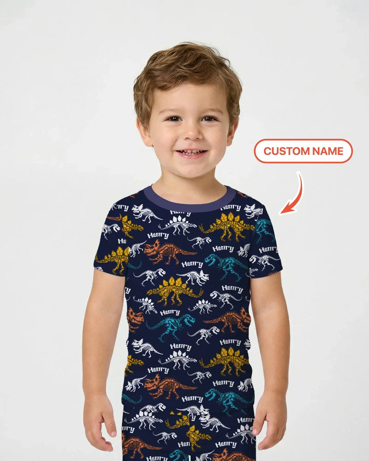Dino Bones Parade Custom Name Two Piece Short Sleeve Pajama Set