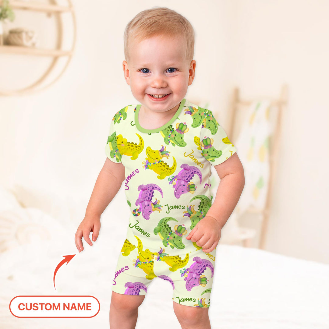Custom Name Mardi Gras Alligator Two Piece Short Sleeve Shorts Pajama Set
