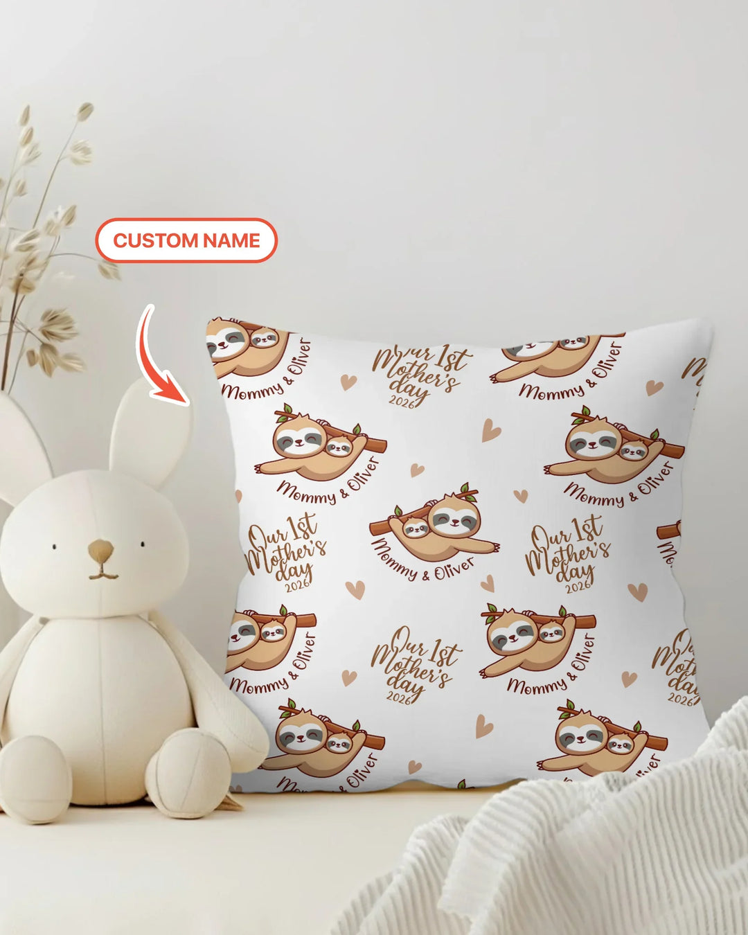 Custom Name Mama & Baby Sloth – Our First Mother’s Day 2026 Bamboo Pillow Case