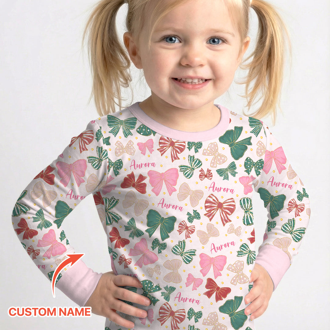 Custom Name Preppy Coquette Bows Two Piece Long Sleeve Pajama Set