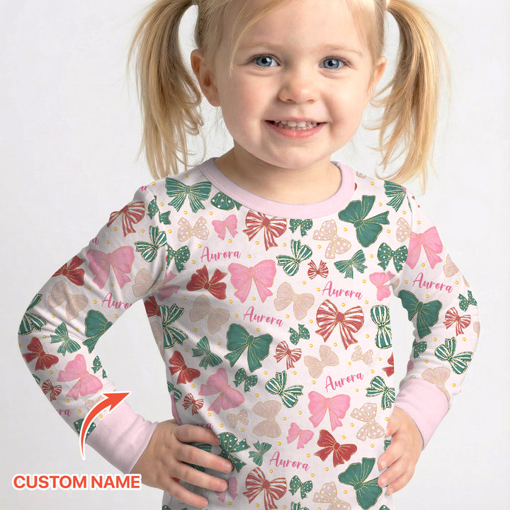 Custom Name Preppy Coquette Bows Two Piece Long Sleeve Pajama Set