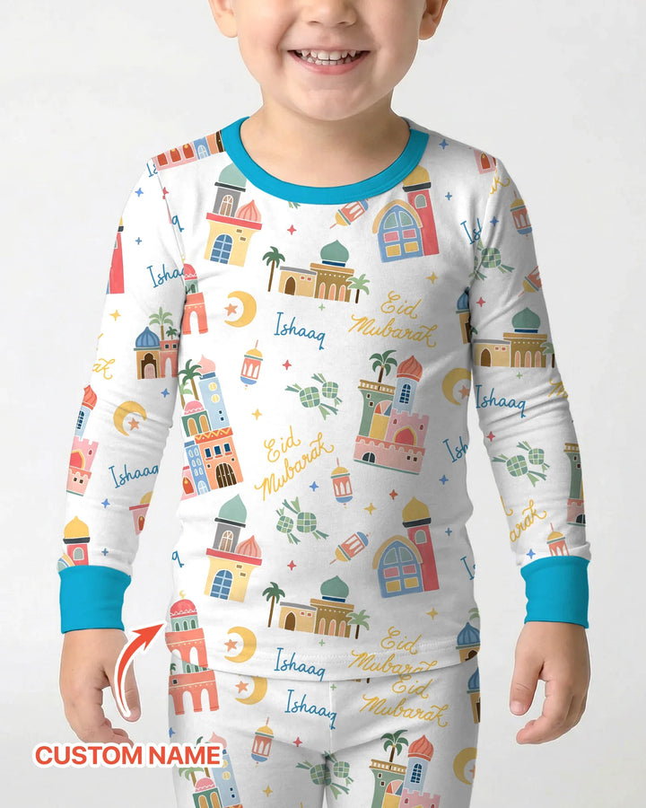 Eid Mubarak Custom Name Two Piece Long Sleeve Pajama Set