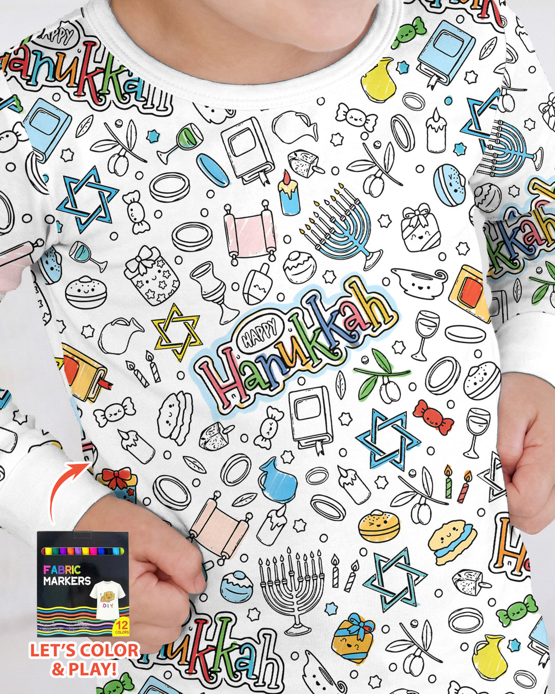 Happy Hanukkah Colorable Bamboo Two Piece Long Sleeve Pajama Set