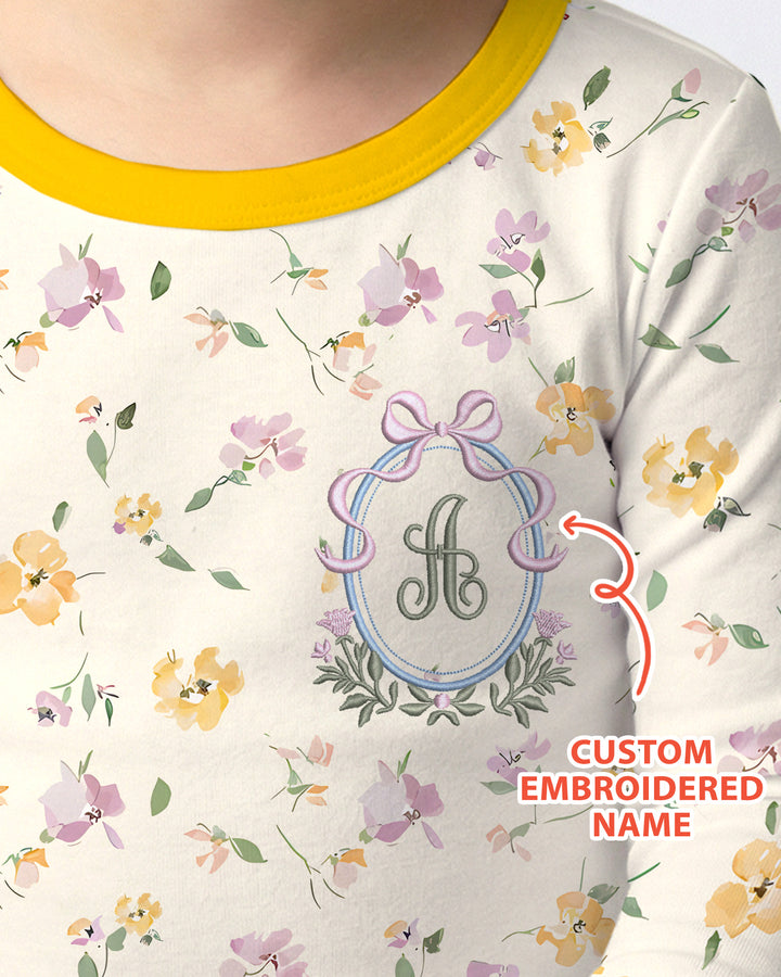 Custom Embroidered Name Floral Bamboo Two Piece Long Sleeve Pajama Set