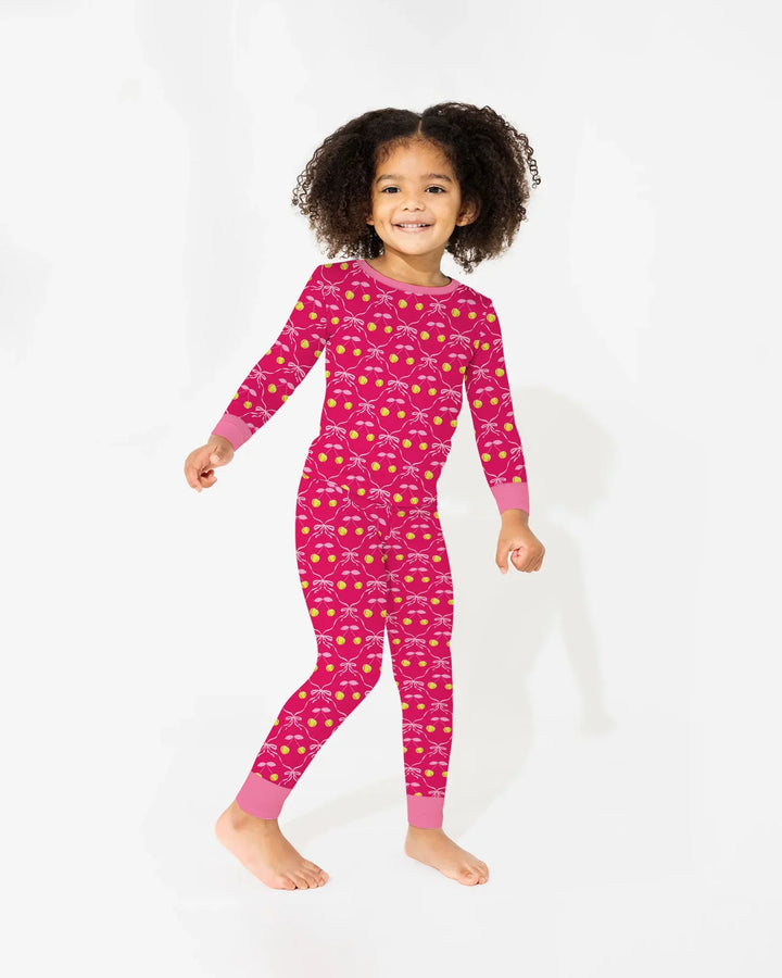 Cherry Baseball Softball Mom and Girl Matching Bamboo Two Piece Long Sleeve Pajama Set