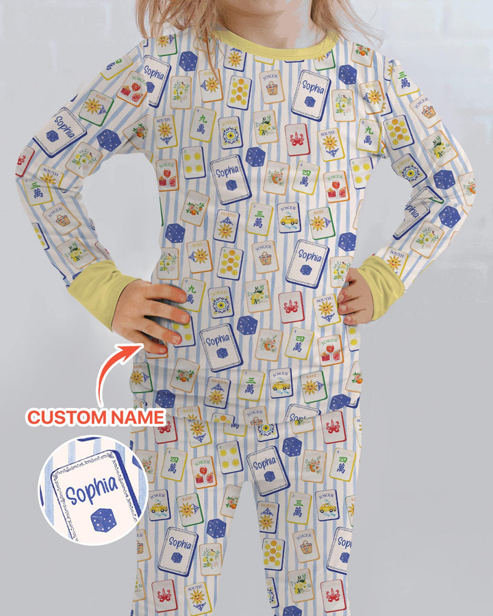 Coastal Mahjong Custom Name Mommy & Me Matching Bamboo Two Piece Long Sleeve Pajama Set