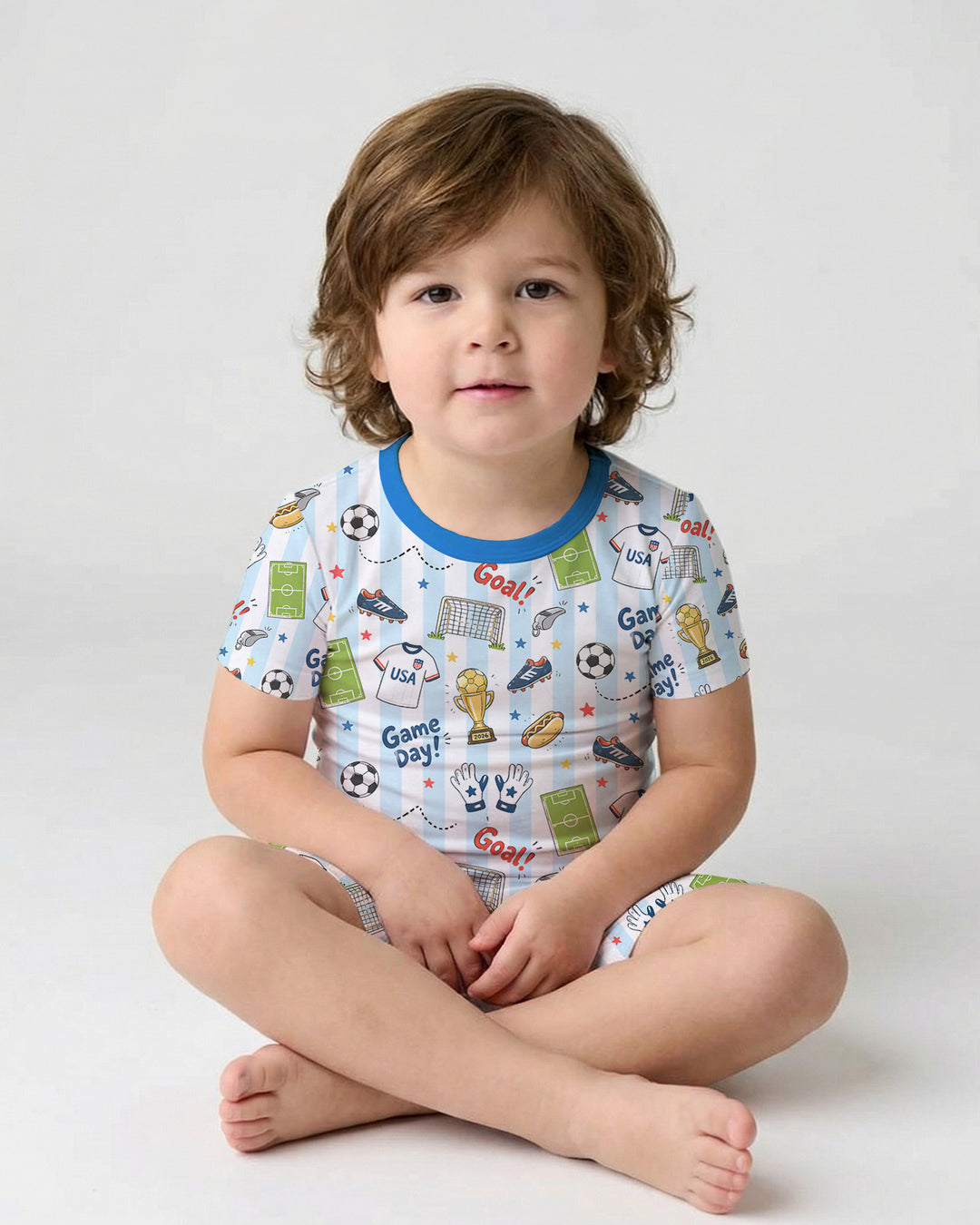 Striped Soccer Game Day Family Matching Bamboo Two Piece Short Sleeve Shorts Pajama Set
